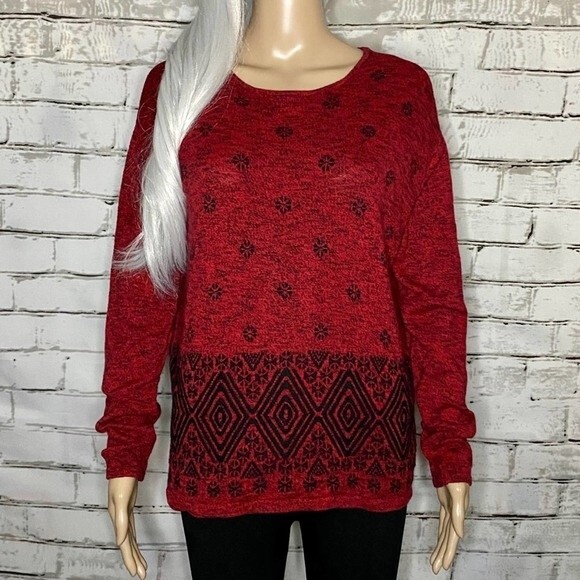 J. Jill Cotton Blend Embroidered Winter Print Red Crewneck Sweater Size Small - Picture 2 of 6